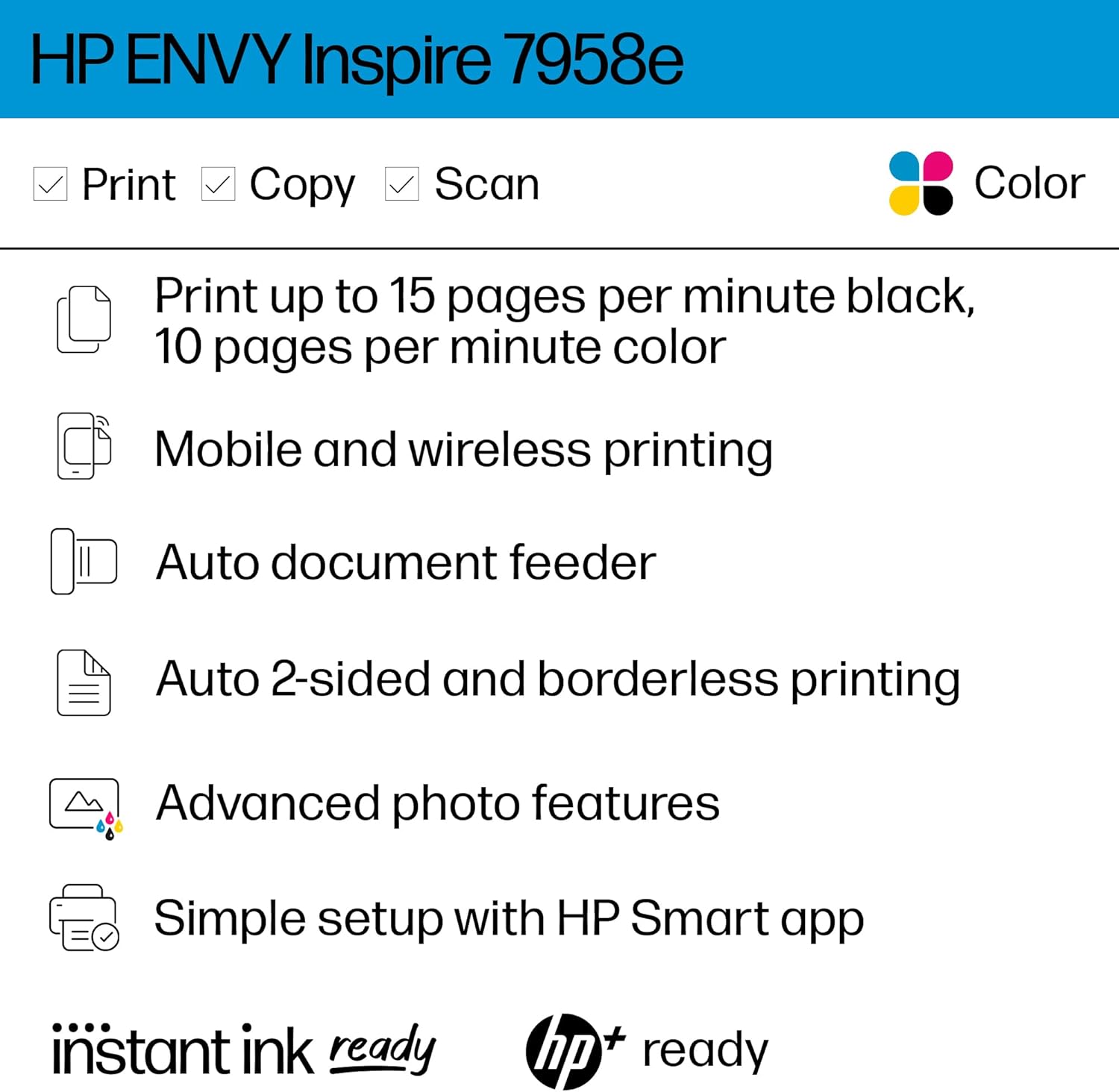 HP ENVY Inspire 7958e Wireless All-in-One Color Inkjet Printer, Print, scan, copy, Duplex printing best-for-home, 6 months of Instant Ink included (327A7A) - Image 2