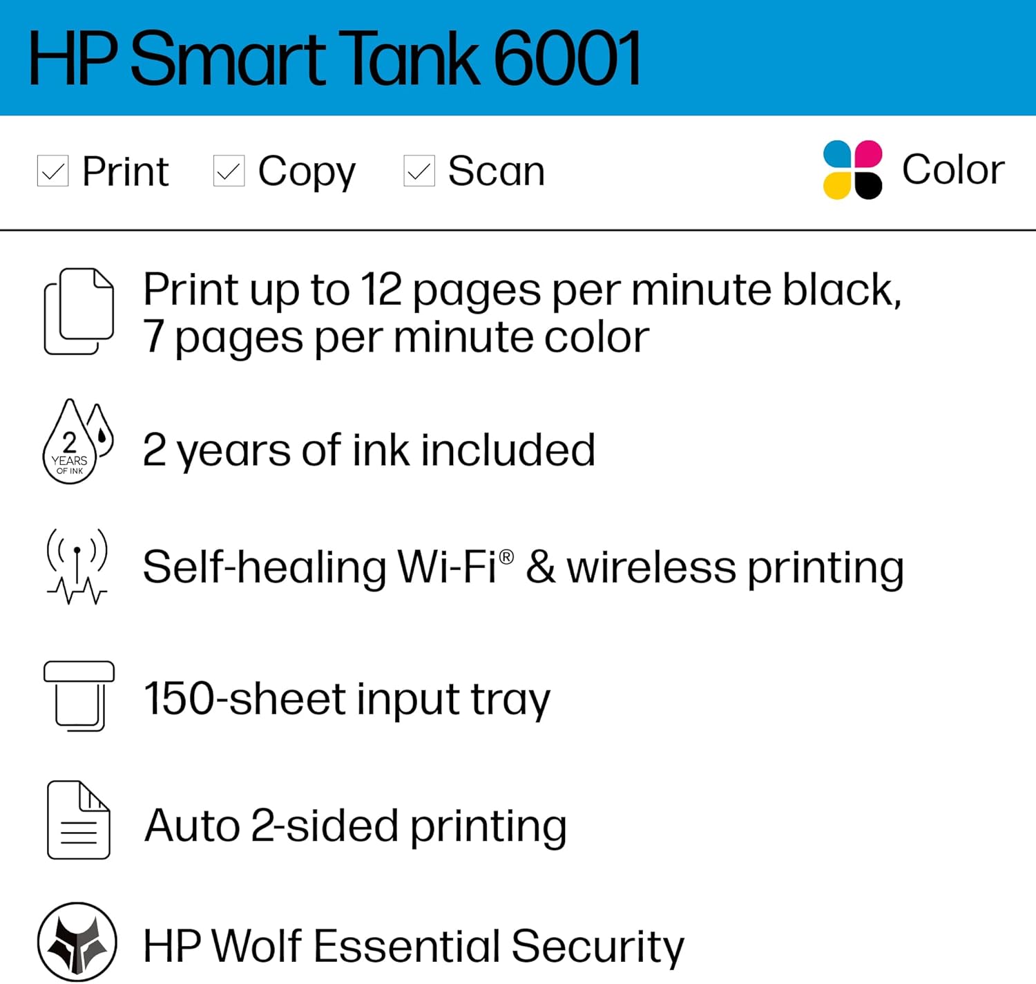 HP Smart -Tank 6001 Wireless Cartridge-Free all in one printer, this ink -tank printer comes with up to 2 years of ink included, with mobile print, scan, copy (2H0B9A) - Image 3