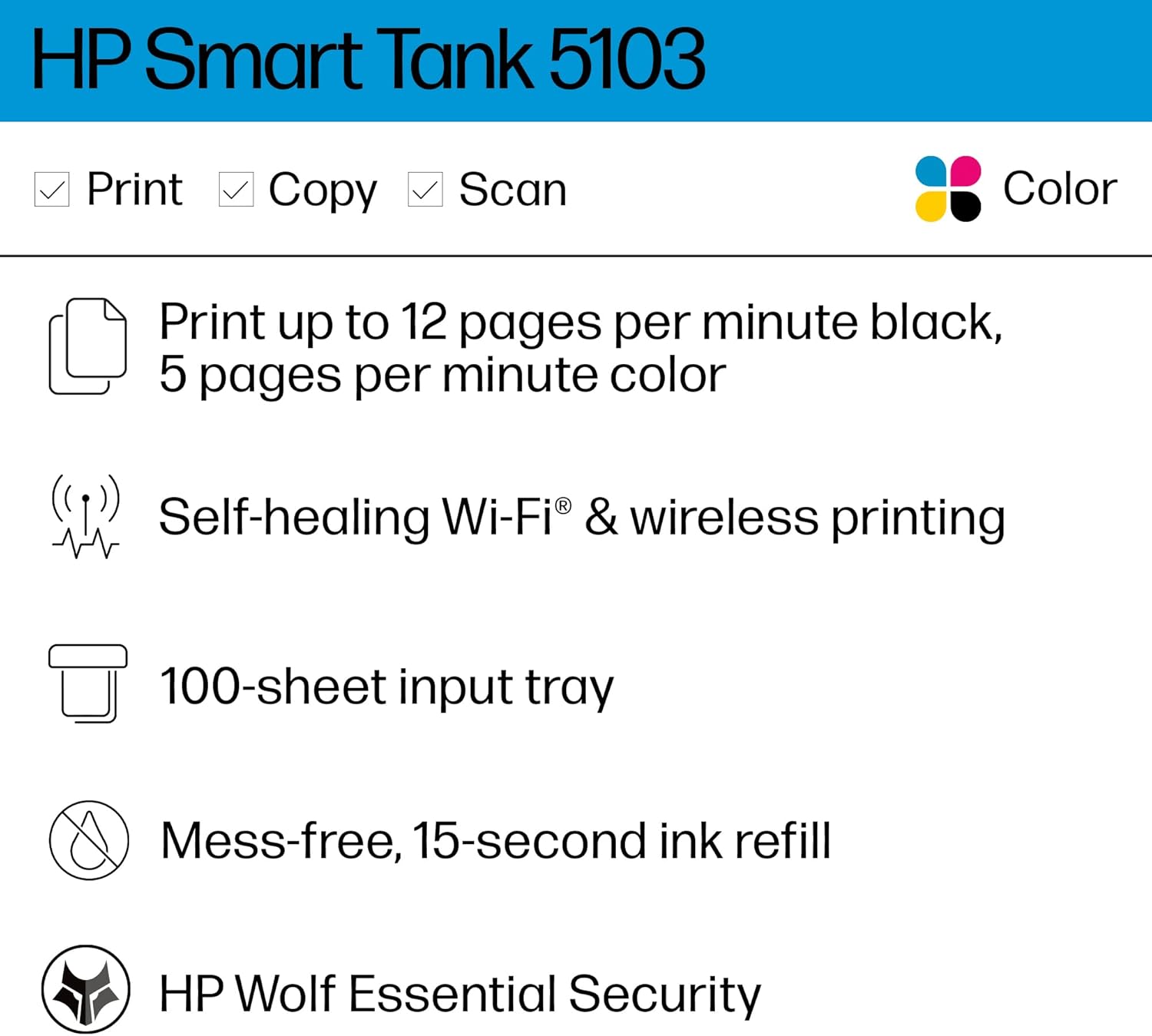 HP Smart Tank 5103 Wireless All-in-One Ink Tank Printer with 2 Years of Ink and 100sheets of Photo Paper Included, Print, scan, Copy, Best-for-Home, Refillable Ink Tank(5D1B2A) - Image 2