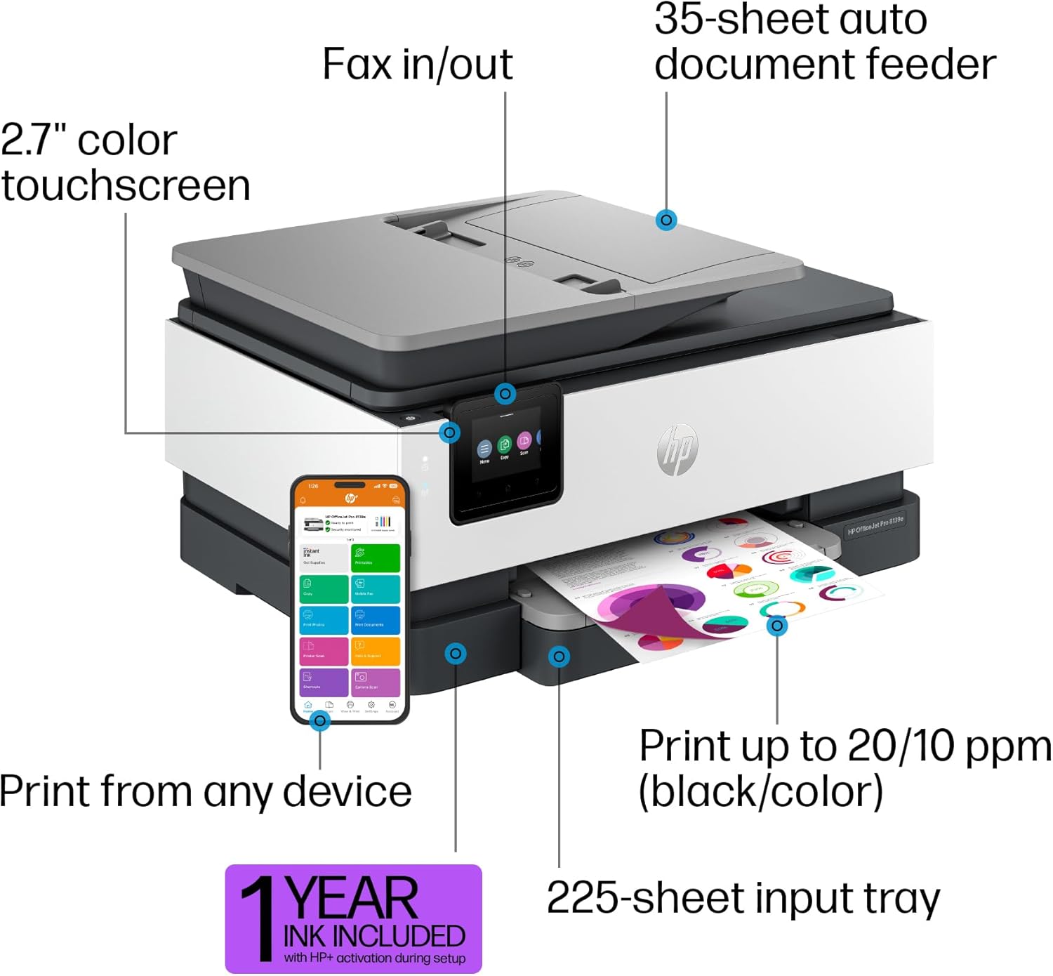 HP OfficeJet Pro 8139e Wireless All-in-One Color Inkjet Printer, Print, scan, Copy, fax, ADF, Duplex Printing Best-for-Home Office, 1 Year of Instant Ink Included - Image 6