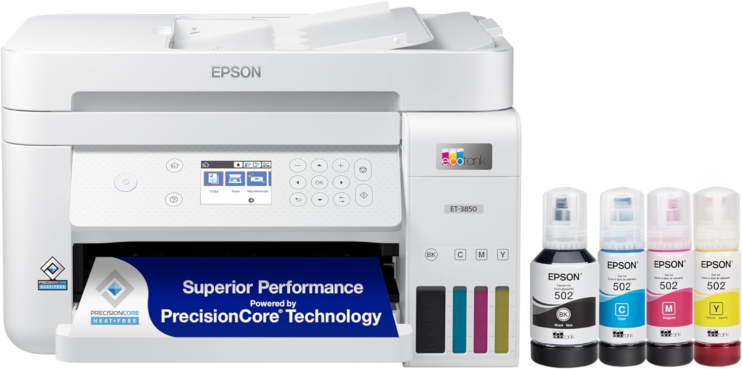 Epson EcoTank ET-3850 Wireless Color All-in-One Cartridge-Free Supertank Printer with Scanner, Copier, ADF and Ethernet &ndash; The Perfect Printer Home Office,White