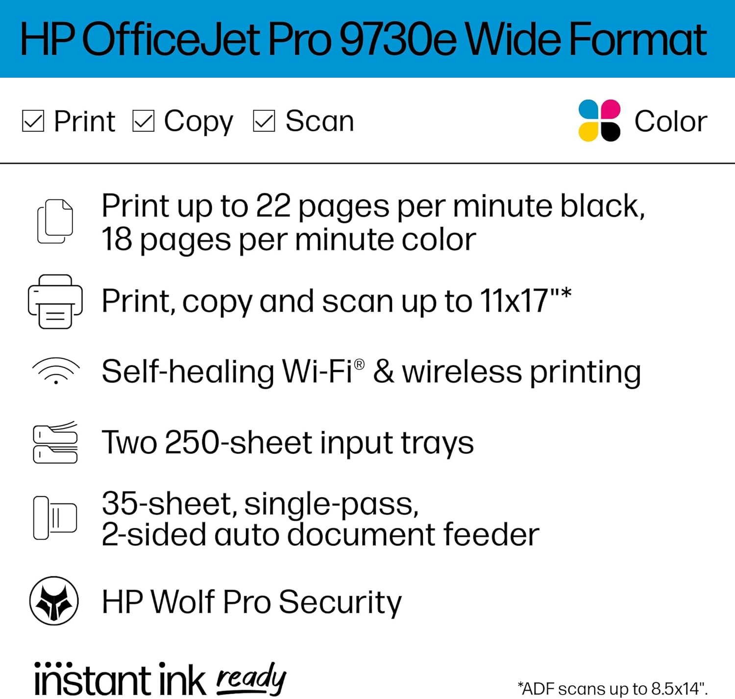 HP OfficeJet Pro 9730e Wide Format Wireless All-in-One Color Inkjet Printer, Print, scan, Copy up to 11x17', ADF, Duplex Printing Best for Office, 3 Months of Instant Ink Included (537P6A) - Image 2