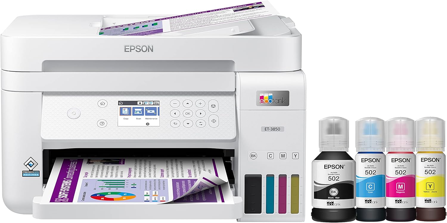 Epson EcoTank ET-3850 Wireless Color All-in-One Cartridge-Free Supertank Printer with Scanner, Copier, ADF and Ethernet &ndash; White (Renewed)