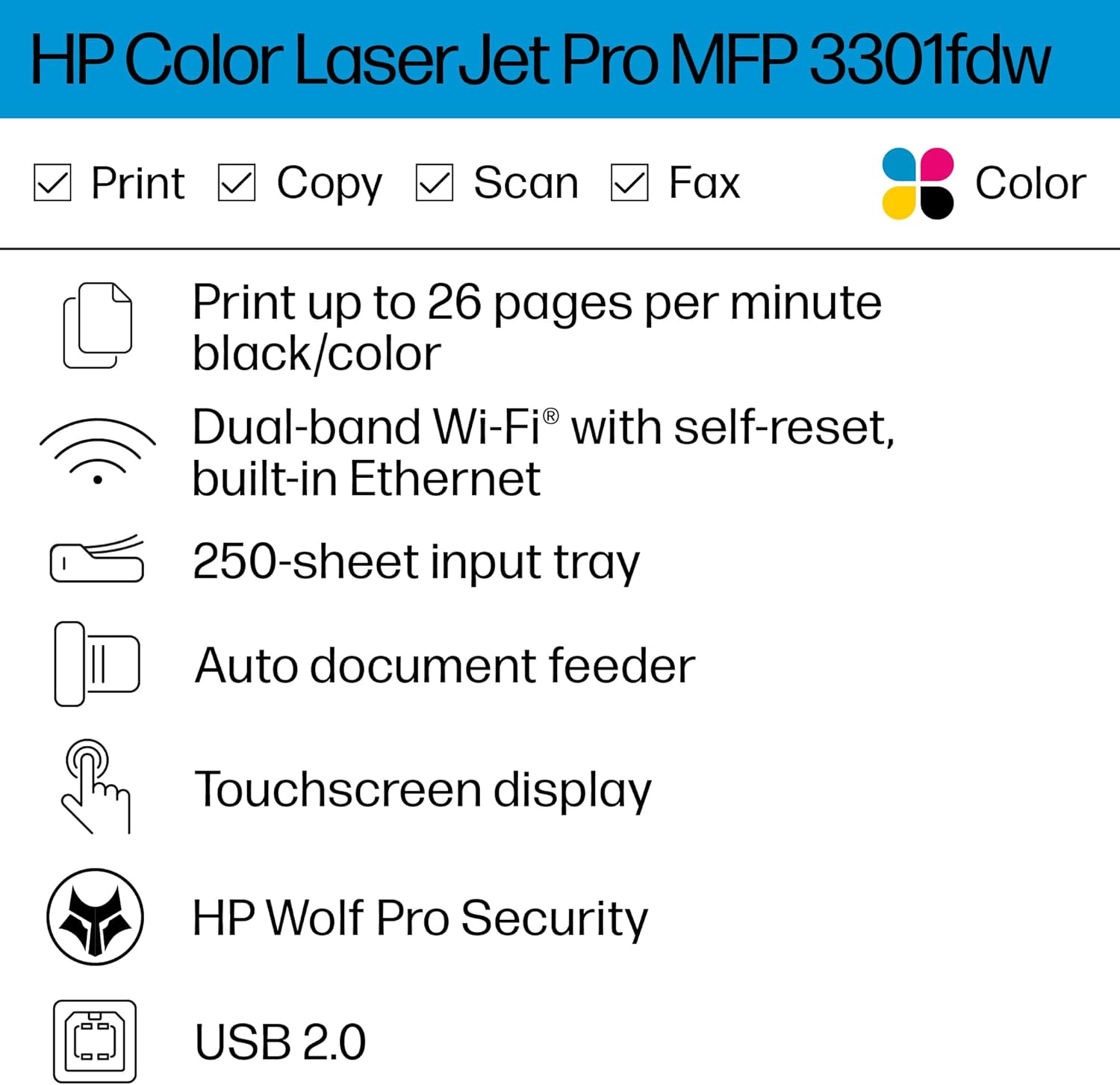 HP Color Laserjet Pro MFP 3301fdw Wireless All-in-One Color Laser Printer, Office Printer, Scanner, Copier, Fax, ADF, Duplex, Best-for-Office (499Q5F) - Image 2