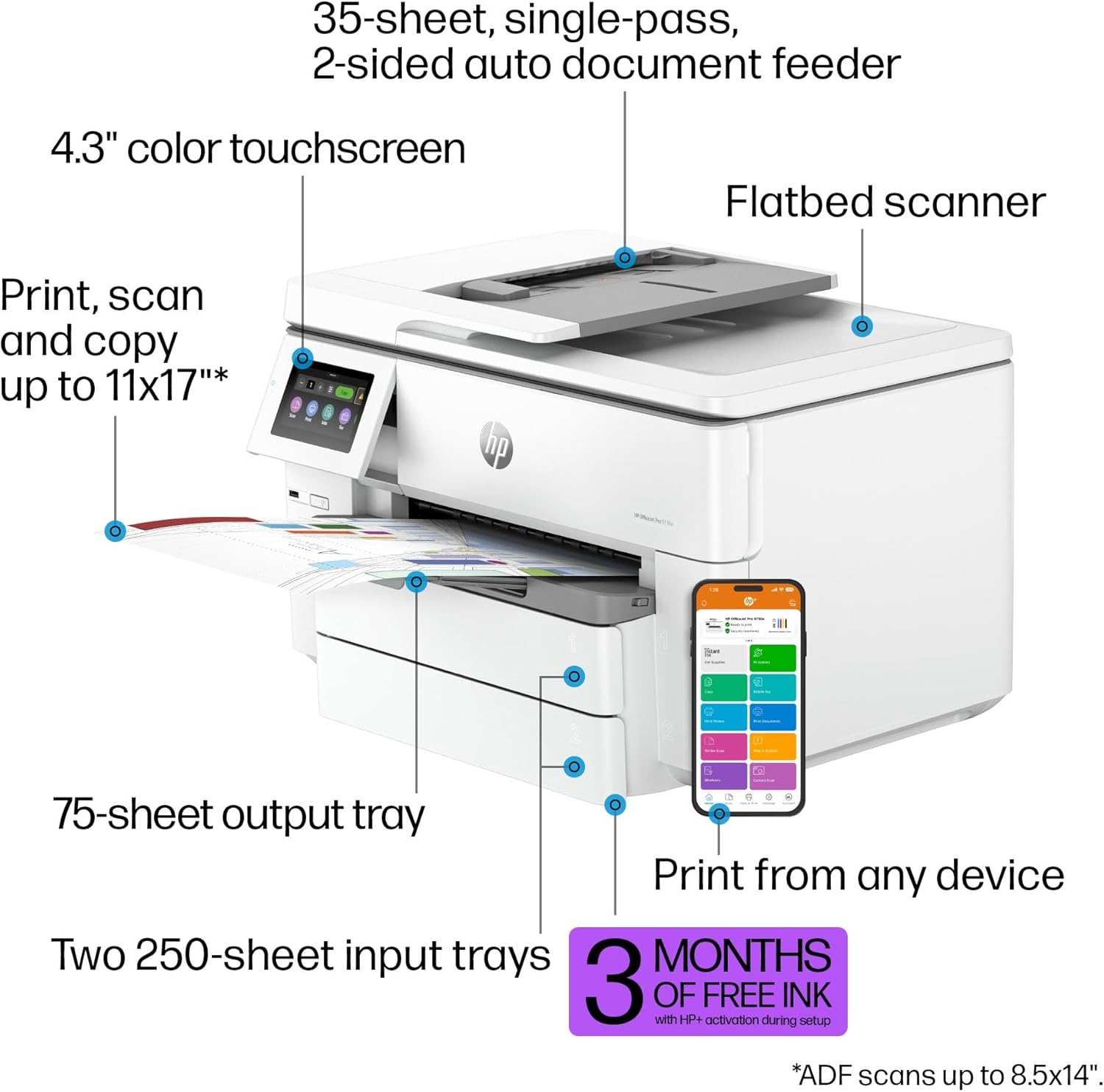 HP OfficeJet Pro 9730e Wide Format Wireless All-in-One Color Inkjet Printer, Print, scan, Copy up to 11x17', ADF, Duplex Printing Best for Office, 3 Months of Instant Ink Included (537P6A) - Image 3