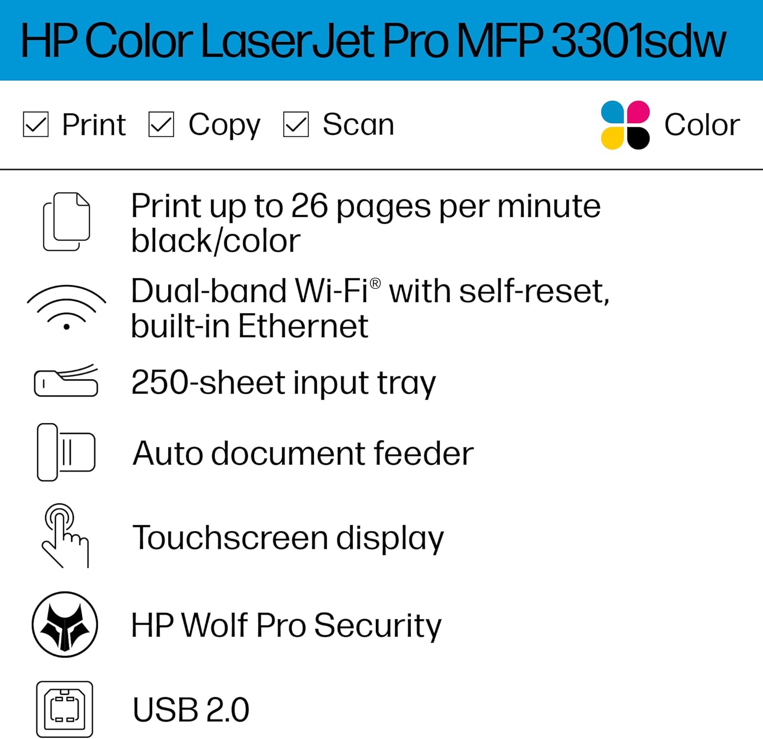 HP Color Laserjet Pro MFP 3301sdw Wireless All-in-One Color Laser Printer, Scanner, Copier, Best-for-Office (499Q3F) - Image 2