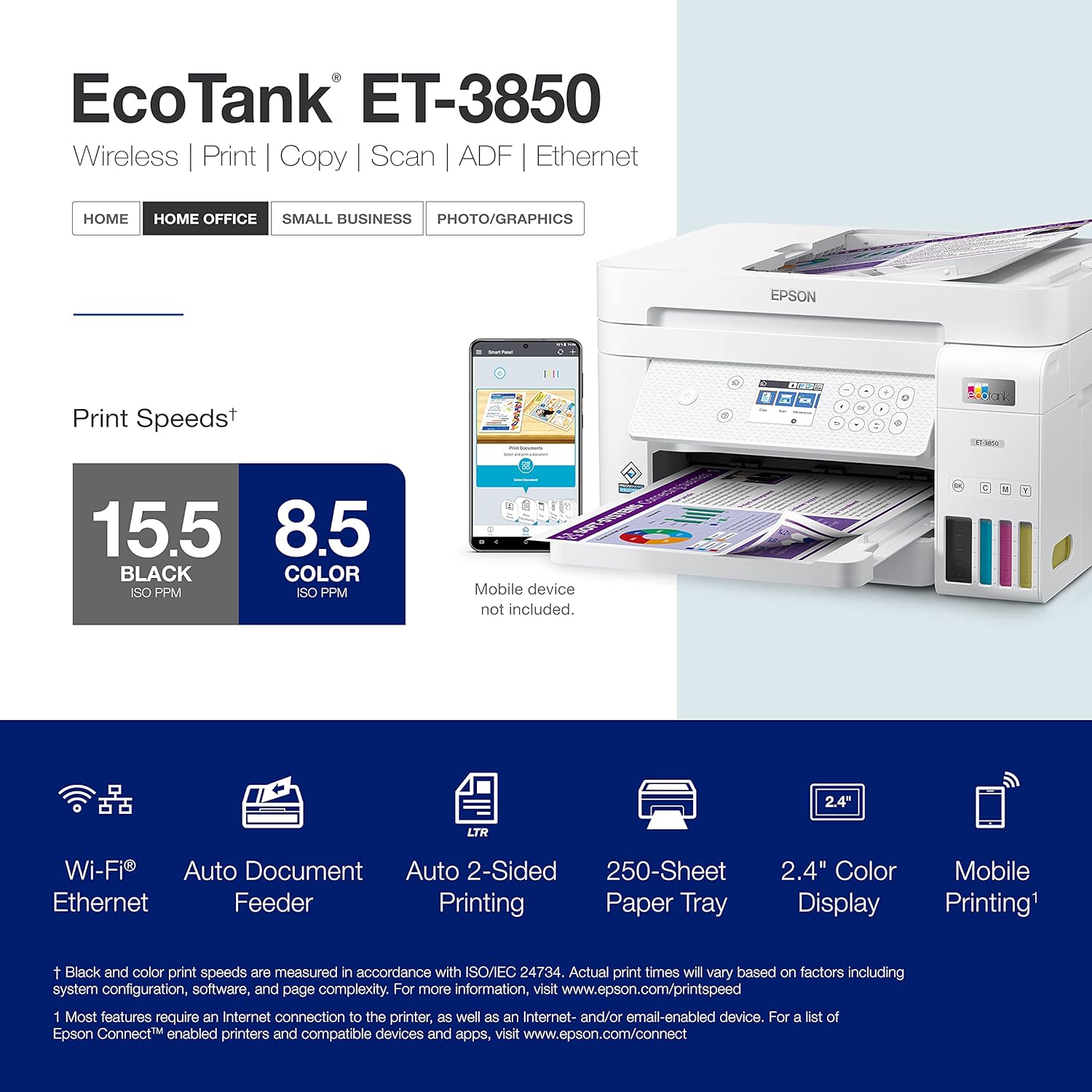 Epson EcoTank ET-3850 Wireless Color All-in-One Cartridge-Free Supertank Printer with Scanner, Copier, ADF and Ethernet &ndash; The Perfect Printer Home Office,White - Image 4