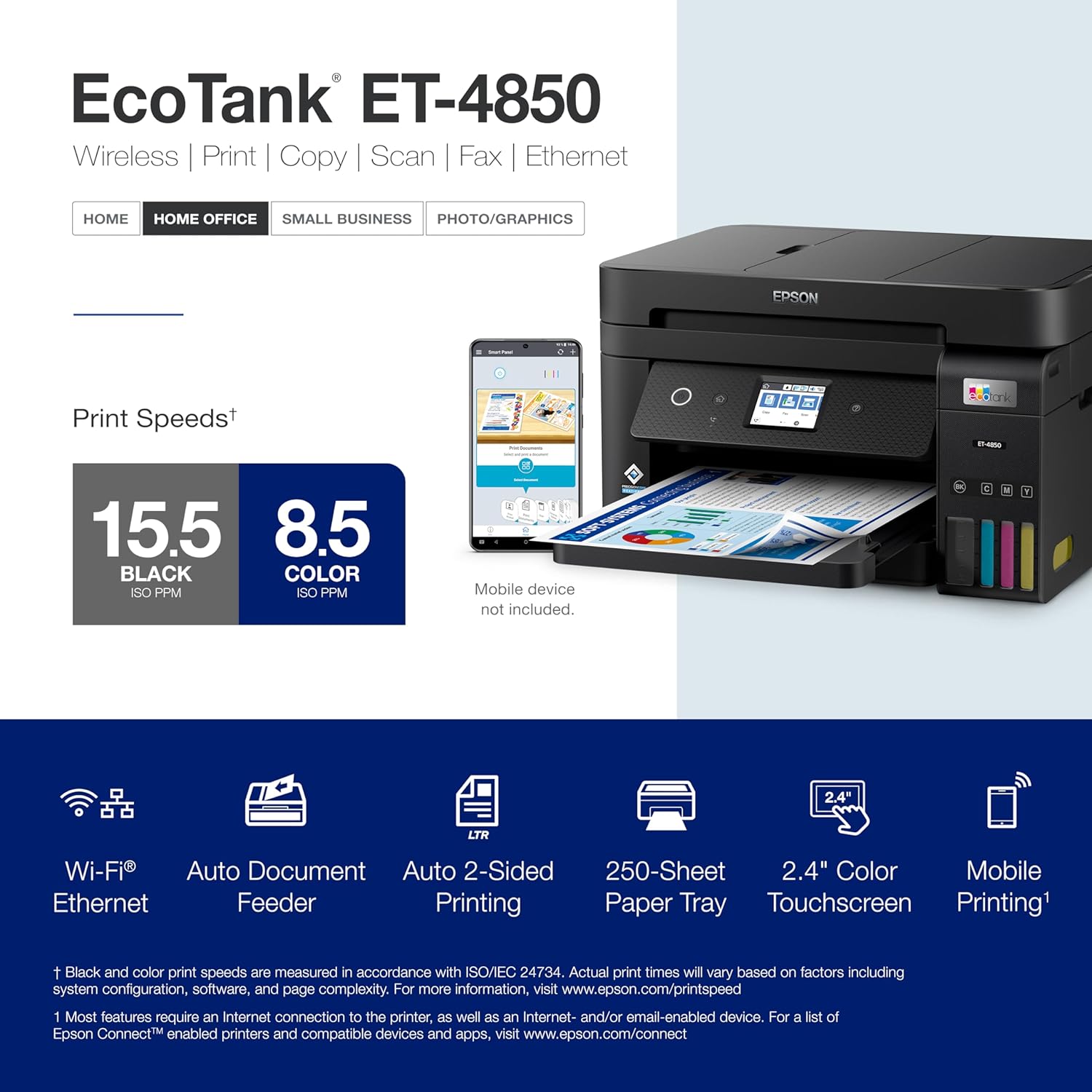 Epson EcoTank ET-4850 Wireless All-in-One Cartridge-Free Supertank Printer with Scanner, Copier, Fax, ADF and Ethernet &ndash; The Perfect Printer Office - Black - Image 4