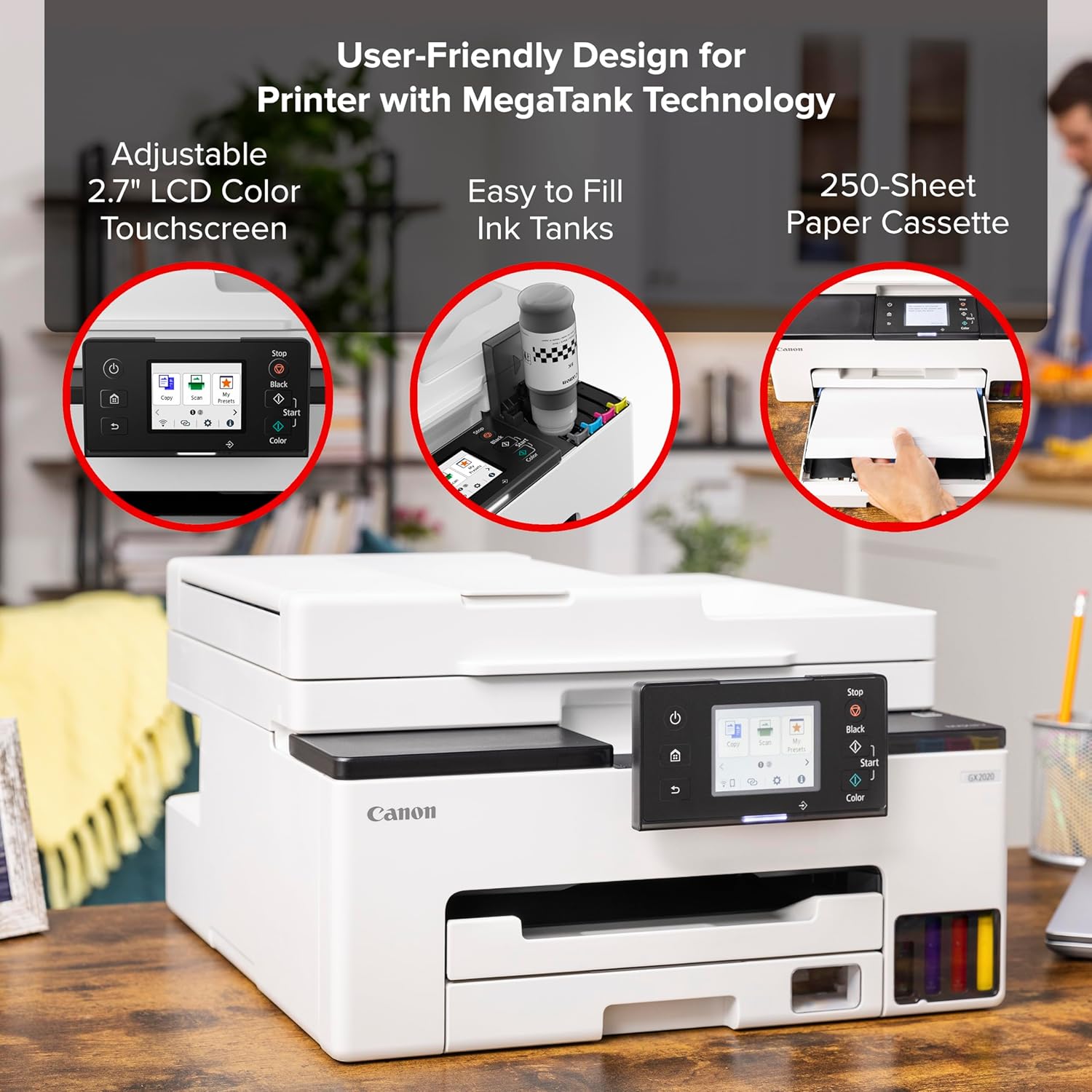 Canon Megatank GX2020 All-in-One Wireless Supertank [Megatank] Printer | Print, Copy and Scan| Mobile Printing |2.7" LCD Color Touchscreen | Auto Document Feeder and Auto Duplex Printing - Image 3
