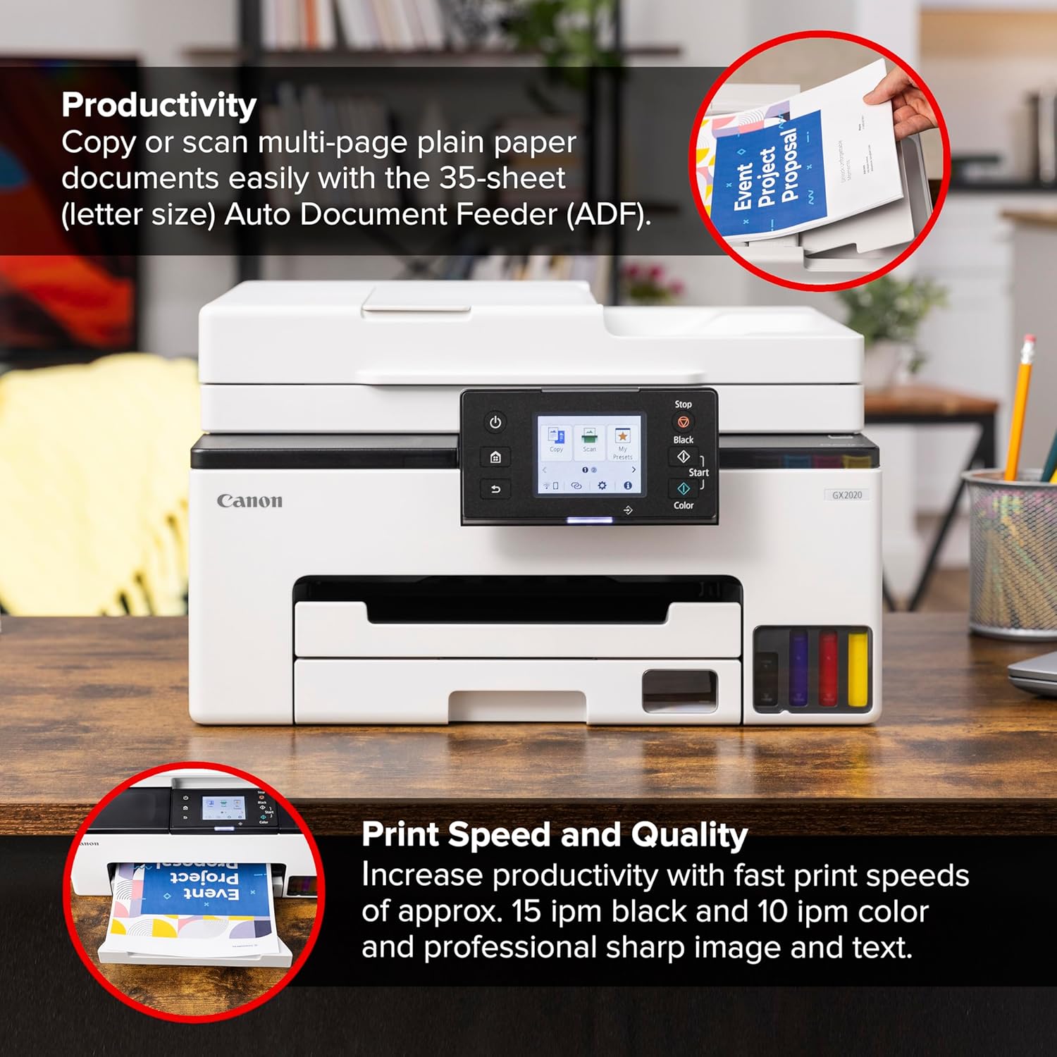 Canon Megatank GX2020 All-in-One Wireless Supertank [Megatank] Printer | Print, Copy and Scan| Mobile Printing |2.7" LCD Color Touchscreen | Auto Document Feeder and Auto Duplex Printing - Image 2