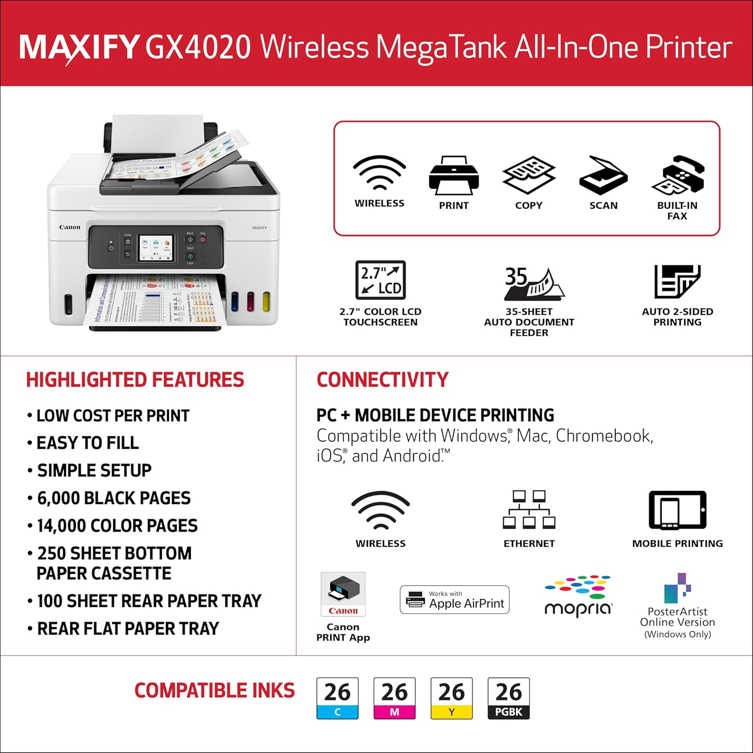 Canon Megatank GX4020 All-in-One Wireless Supertank Printer with Print, Copy, Scan and Fax | Auto Document Feeder | Mobile Printing | 2.7" LCD Touch Screen - Image 6