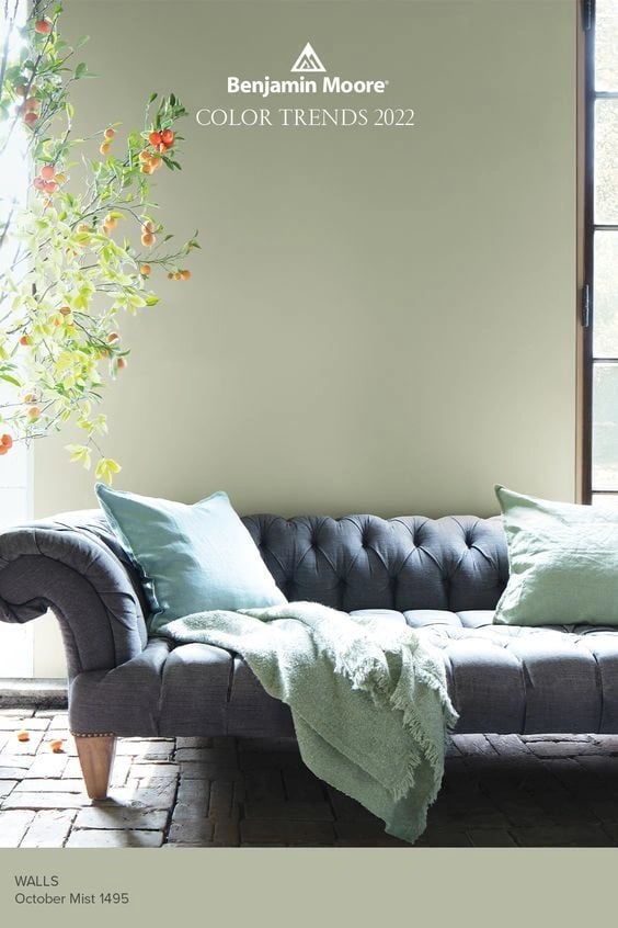 October Mist Benjamin Moore color used in a living room wall