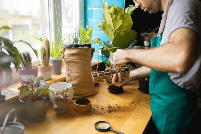 Man planting seeds in biodegradable pots
