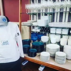 restaurant supply dishes, plates and wine glasses