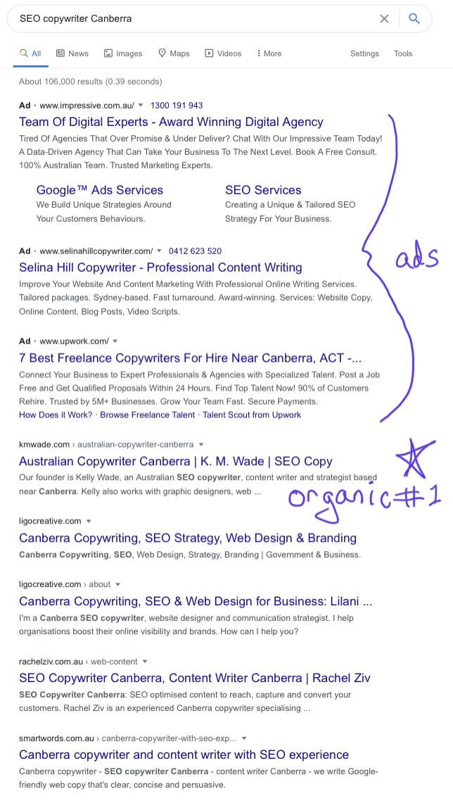 The Truth About SEO and Setting Up for Success 1 K. M. Wade sets at the top of the organic search results for the query ‘SEO copywriter Canberra’