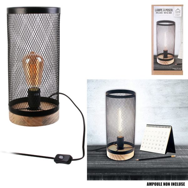 Lampe à Poser Cylindre Grille Métal Bois – Image 7