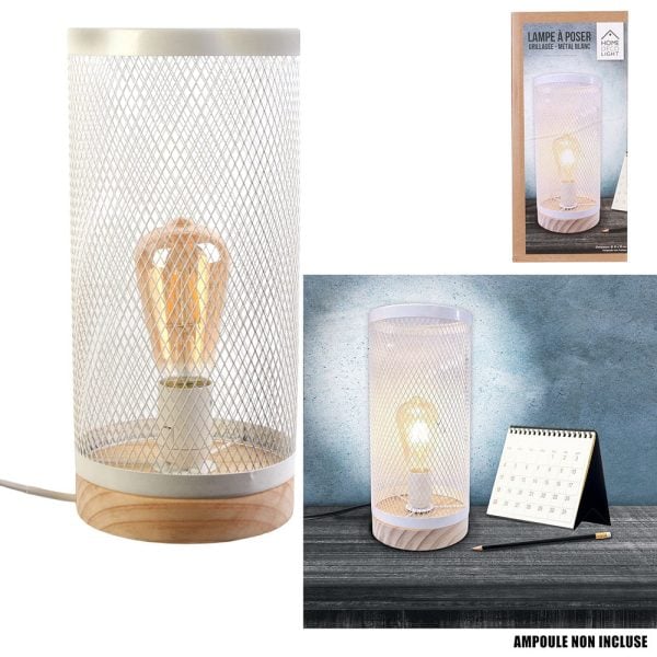 Lampe à Poser Cylindre Grille Métal Bois – Image 8