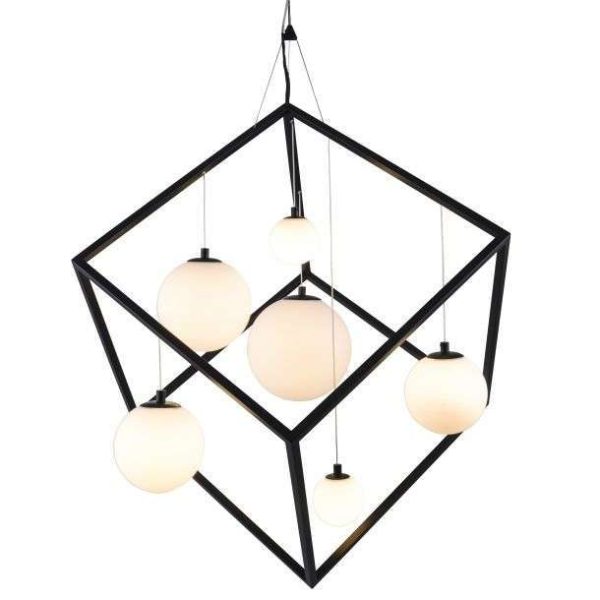 Suspension CELEST en métal noir et verre opale blanc