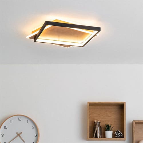 Plafonnier LED GRAFIC (L44cm) en m&eacute;tal effet bois et aluminium noir &ndash; Image 1