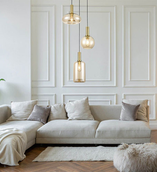 Suspension cascade LARIO en m&eacute;tal couleur laiton antique et verre ambr&eacute; &ndash; Image 1