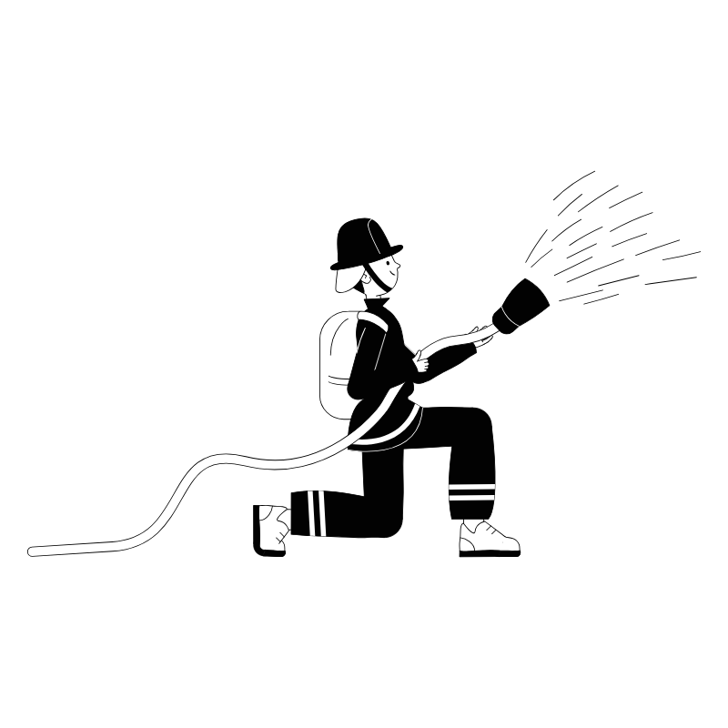 Ein Feuerwehrmann in Uniform kniet auf einem Knie und spritzt mit beiden Händen Wasser aus einem Schlauch. Es wird gezeigt, wie das Wasser herausspritzt, und der Feuerwehrmann trägt einen Helm und Stiefel.