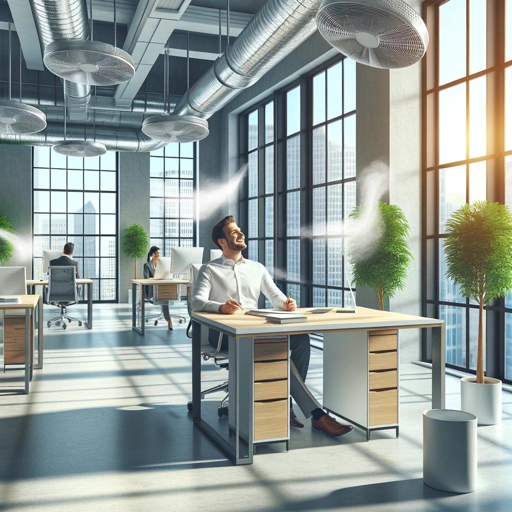 Empleado satisfecho disfrutando de aire fresco en oficina moderna gracias a los extractores eólicos de Liceol en Madrid.