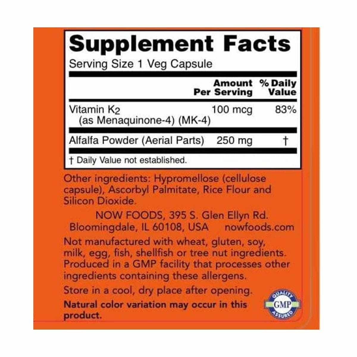 Now Vitamina K-2 Salud Vascular y Osea 100 mcg 100 Cápsulas Veganas - Imagen 2