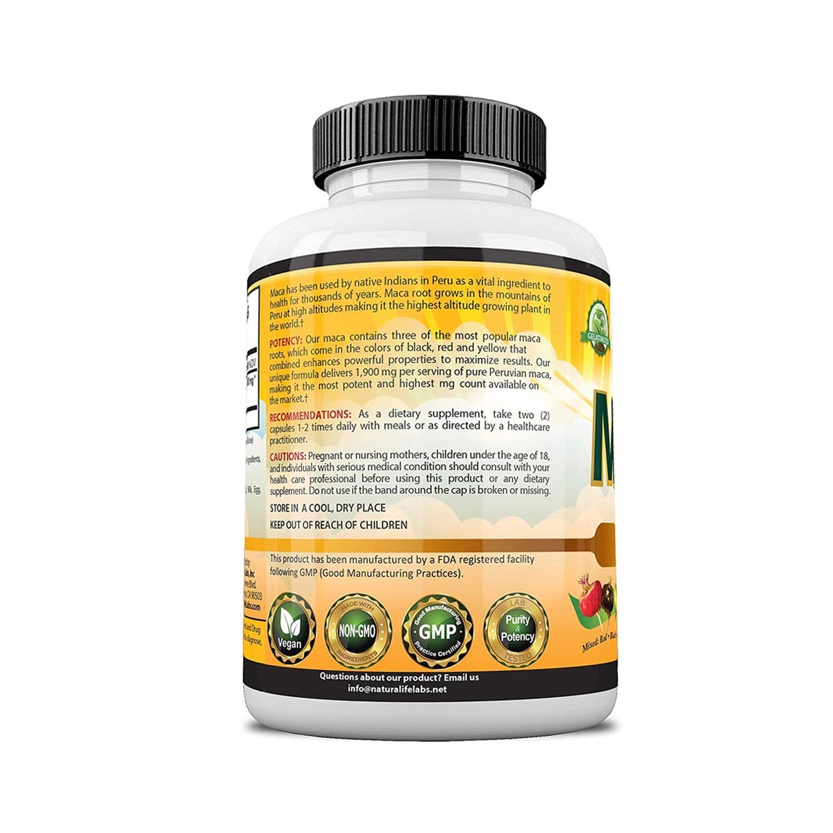Maca Organica Naturalife Labs Root Negro Rojo Amarillo 1900 Mg por Cápsula, 150 Cápsulas Suplemento Vegano