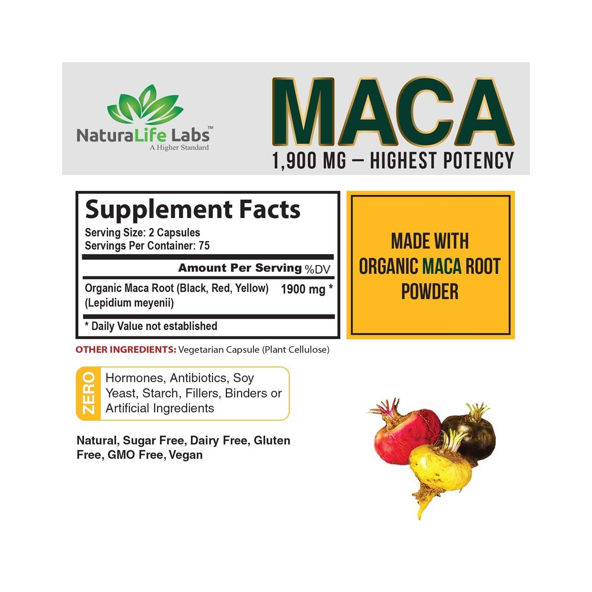 Maca Organica Naturalife Labs Root Negro Rojo Amarillo 1900 Mg por Cápsula, 150 Cápsulas Suplemento Vegano - Imagen 4