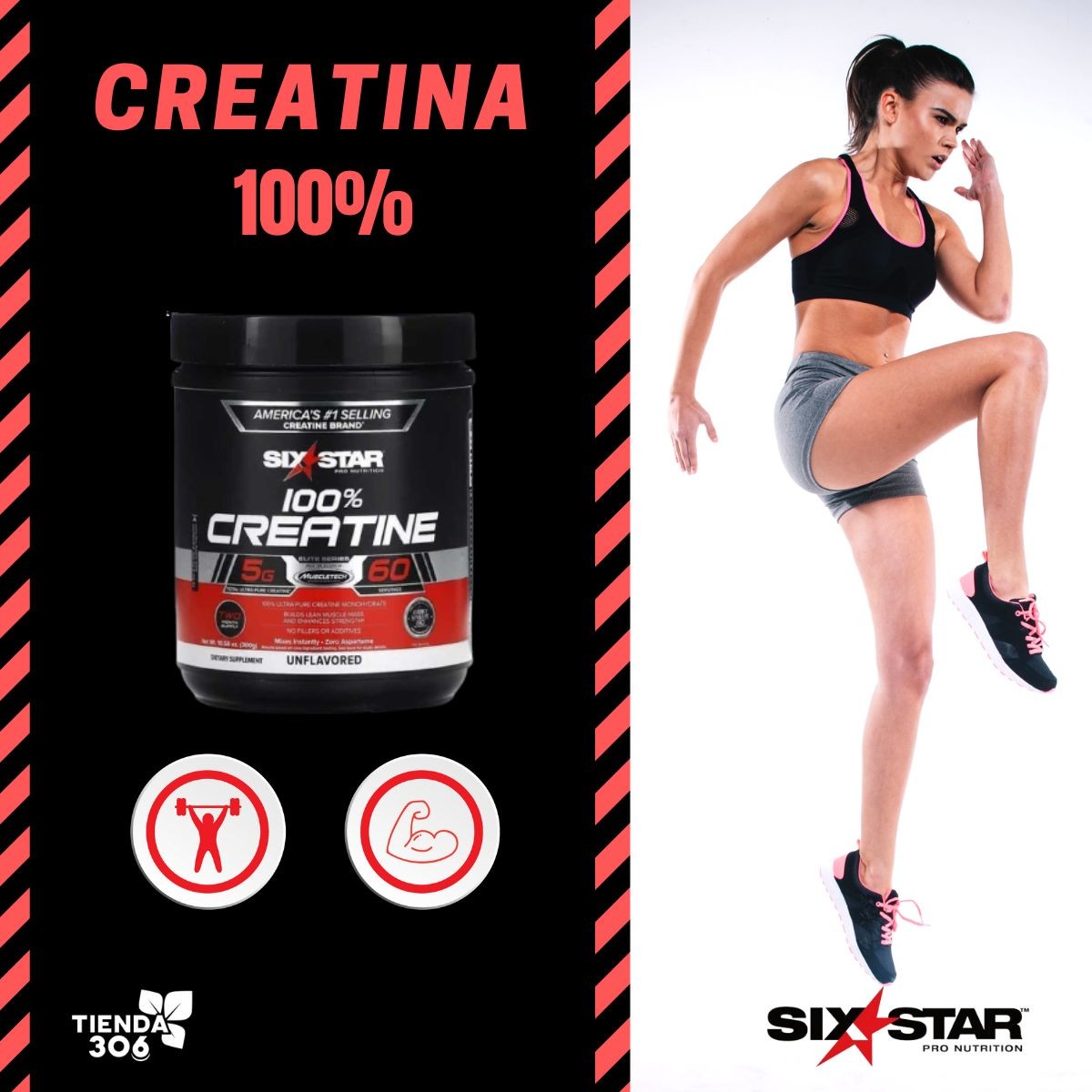 Six Star Pro Nutrition Creatina 100% Sin Sabor 10.58 oz (300g) 60 servicios - Imagen 3