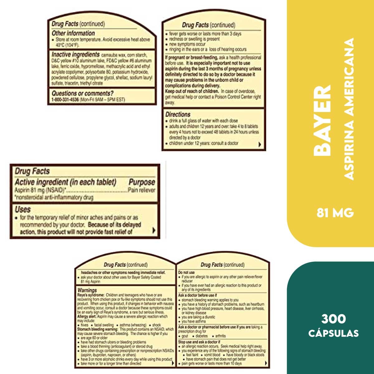 Bayer Low Dose Aspirina 81 mg Americana 300 Tabletas - Imagen 2