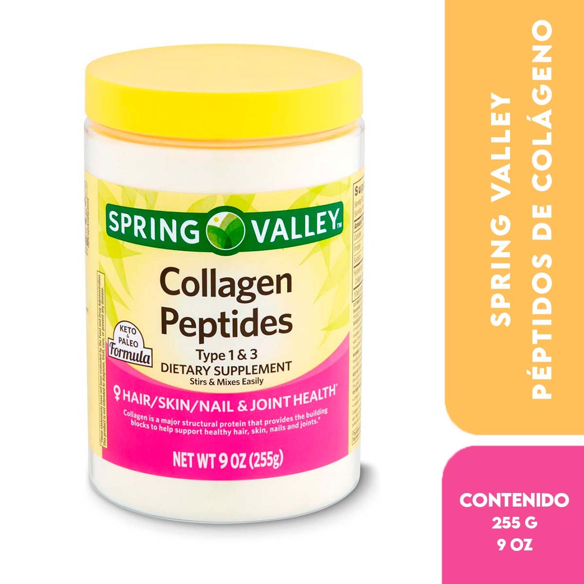 Spring Valley Péptidos de colágeno en Polvo Tipo 1 y 3 Salud de Uñas Piel y Cabello, Fórmula Keto Paleo, 9 oz (255 g)