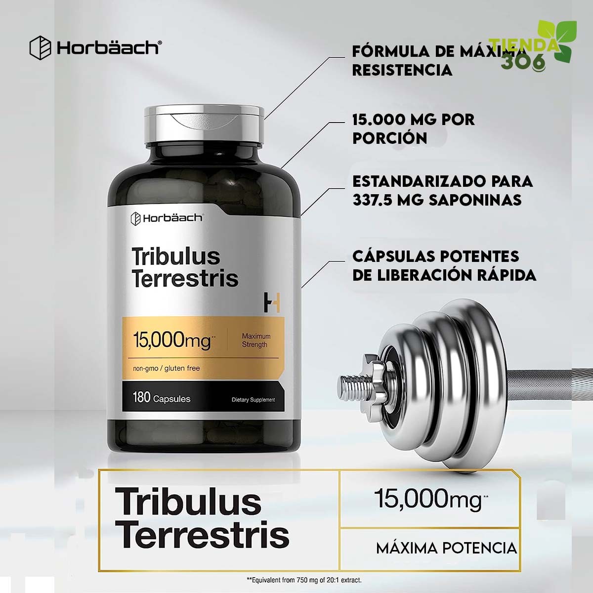Horbaach Tribulus Terrestris Suplemento para Hombre 15,000 mg 180 Cápsulas - Imagen 7