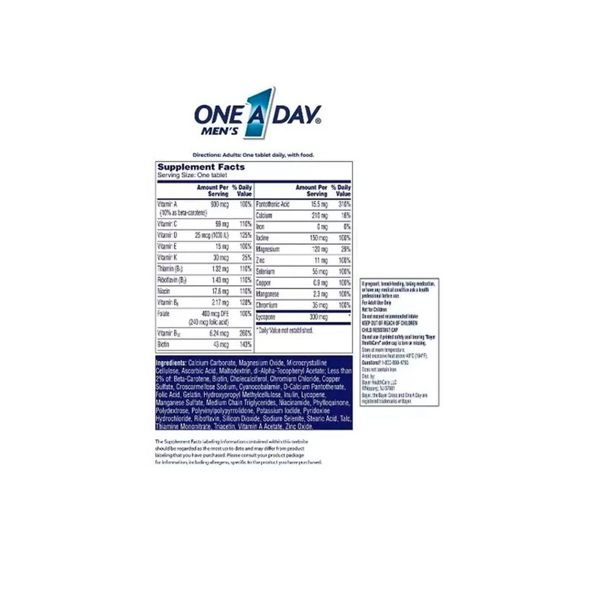 Bayer One A Day Hombres Suplemento Multivitaminico/ Multimineral 300 Tabletas