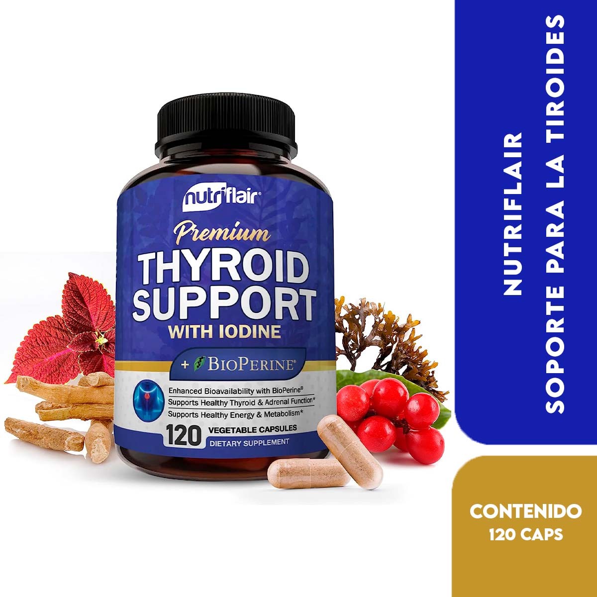 Nutriflair Soporte para la Tiroides - Thyroid Support con Yodo Ashwagandha y Pimienta Negra 120 Cápsulas - Imagen 2