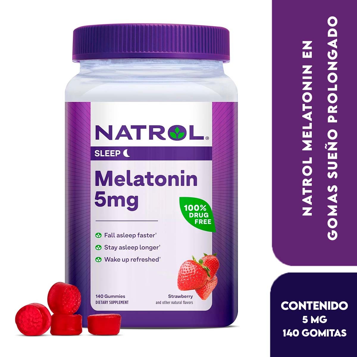 Natrol Melatonin en Gomas Sueño Prolongado Sabor a Fresa 5 mg 140 Gomitas - Imagen 6