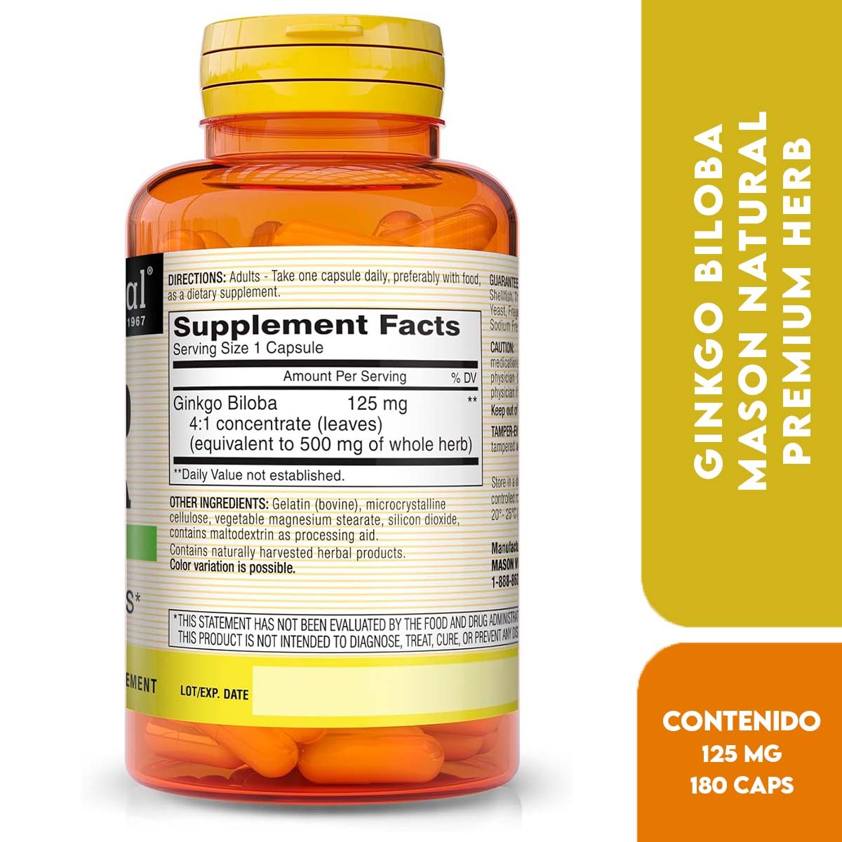 Mason Natural Premium Herb Ginkgo Biloba 125 mg Hierba Adaptógena 180 Cápsulas