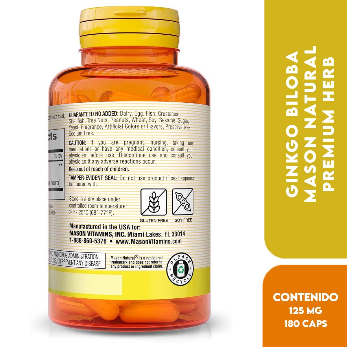 Mason Natural Premium Herb Ginkgo Biloba 125 mg Hierba Adaptógena 180 Cápsulas - Imagen 2