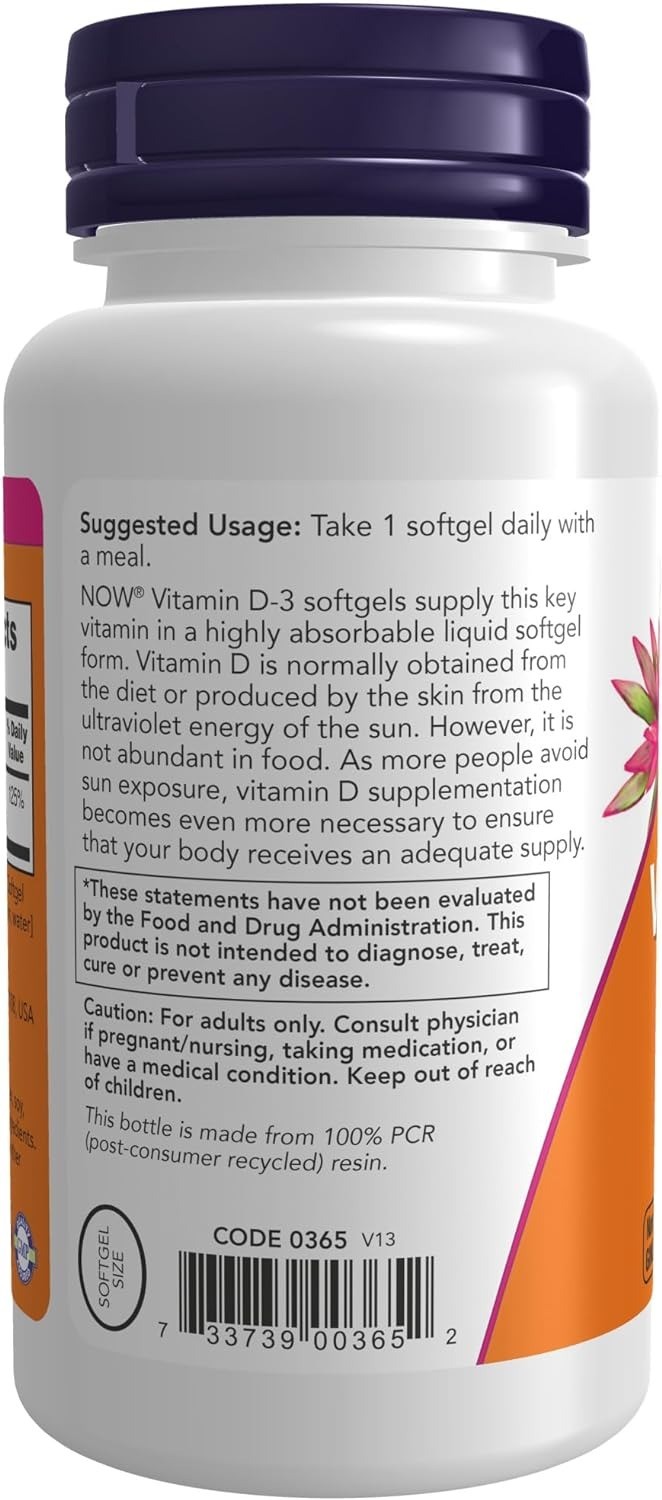 Now Vitamina D-3 1,000 IU Alta Potencia - Soporte Estructural 180 Cápsulas Suaves - Imagen 2