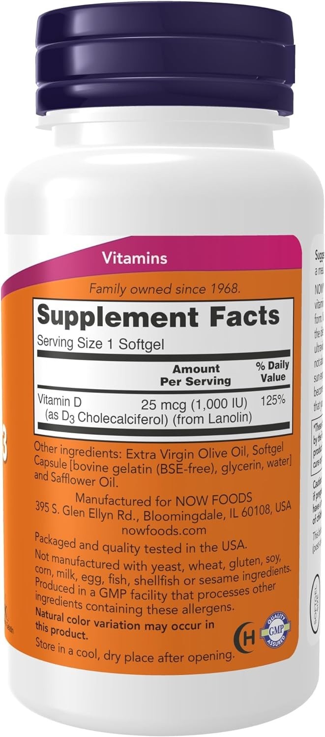Now Vitamina D-3 1,000 IU Alta Potencia - Soporte Estructural 180 Cápsulas Suaves - Imagen 3
