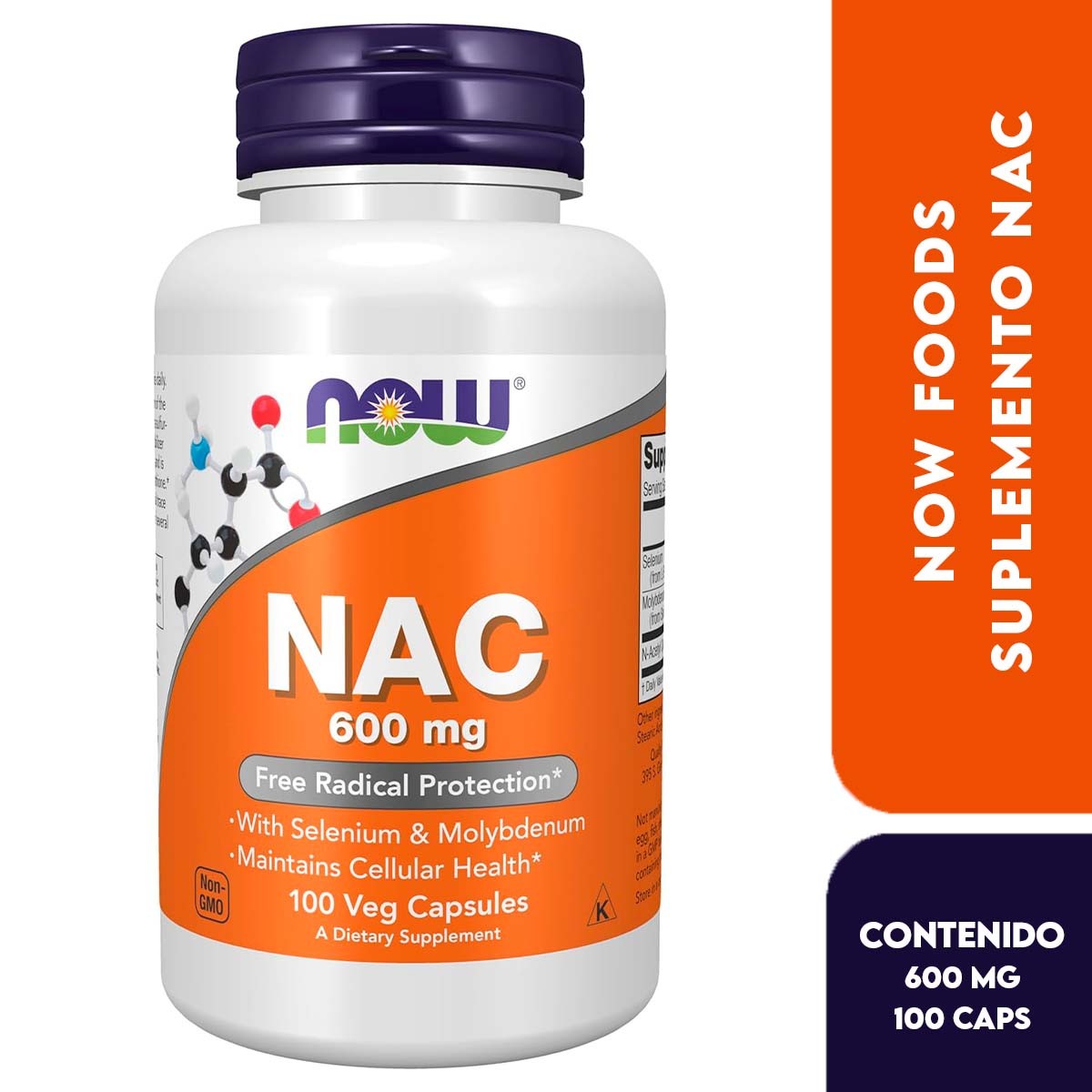 Now NAC 600 mg Protección Contra Radicales Libres, con Selenio y Molibdeno  Mantiene la Salud Celular 100 Cápsulas Vegetales - Imagen 4