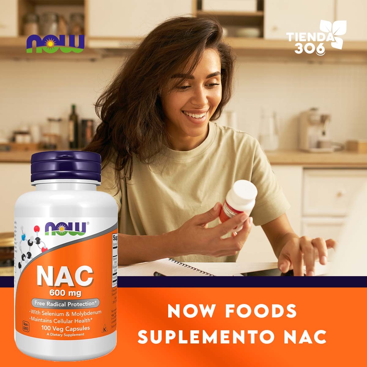 Now NAC 600 mg Protección Contra Radicales Libres, con Selenio y Molibdeno  Mantiene la Salud Celular 100 Cápsulas Vegetales - Imagen 3