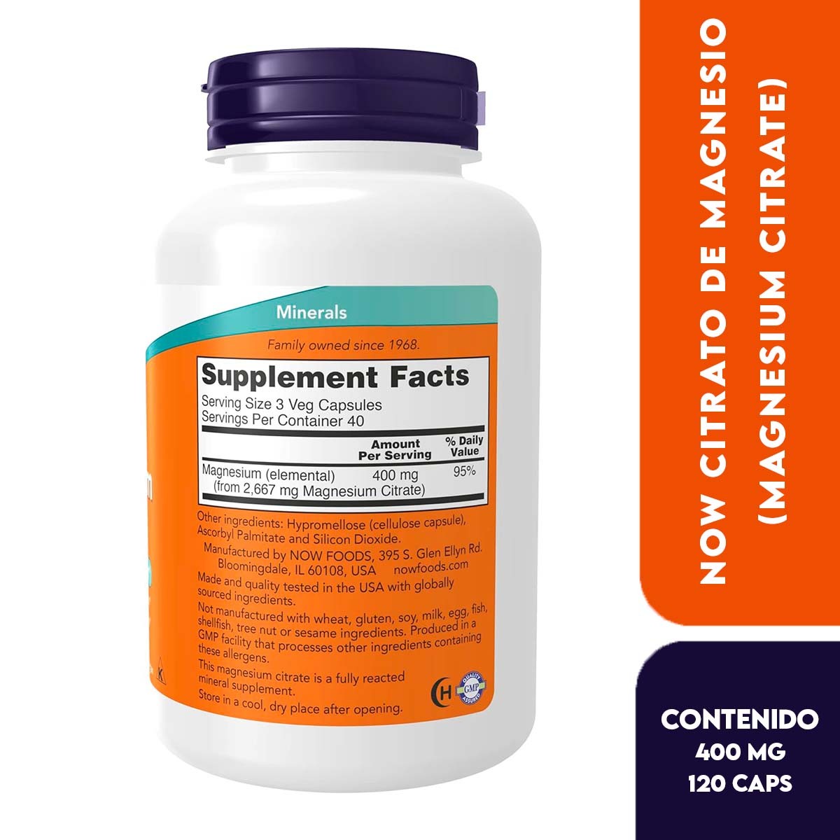 Now Citrato de Magnesio (Magnesium Citrate) Soporte Sistema Nervioso, la Producción de Energía 400 mg 120 Cápsulas - Imagen 2