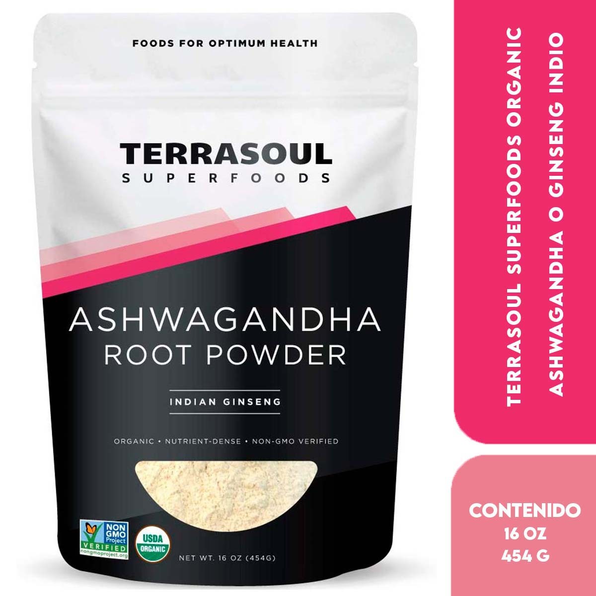 Terrasoul Superfoods Organic Ashwagandha o Ginseng Indio en Polvo de Raíz Adaptógena Reduce Inflamación y Ansiedad 16 oz (454 g)
