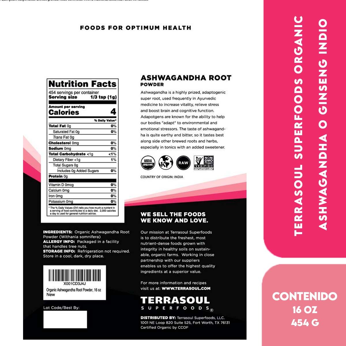 Terrasoul Superfoods Organic Ashwagandha o Ginseng Indio en Polvo de Raíz Adaptógena Reduce Inflamación y Ansiedad 16 oz (454 g) - Imagen 3