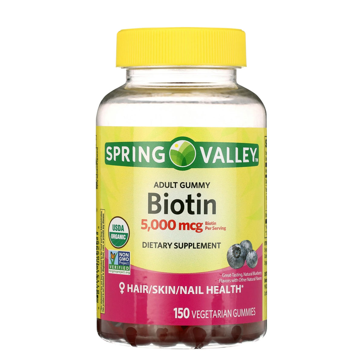 Spring Valley Biotina Salud del Cabello, Piel y Uñas USDA Organic con Sabor Arándano 5000 mcg, 150 Gomitas