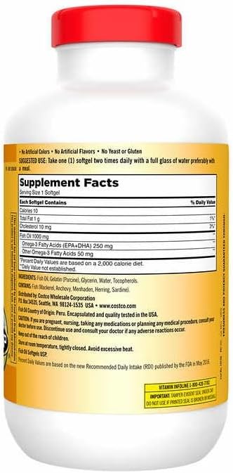 Kirkland Omega 3 Aceite de Pescado Fish Oíl 1000 mg (250 mg de EPA + DHA Omega-3 por porción) 400 Cápsulas Blandas - Imagen 2