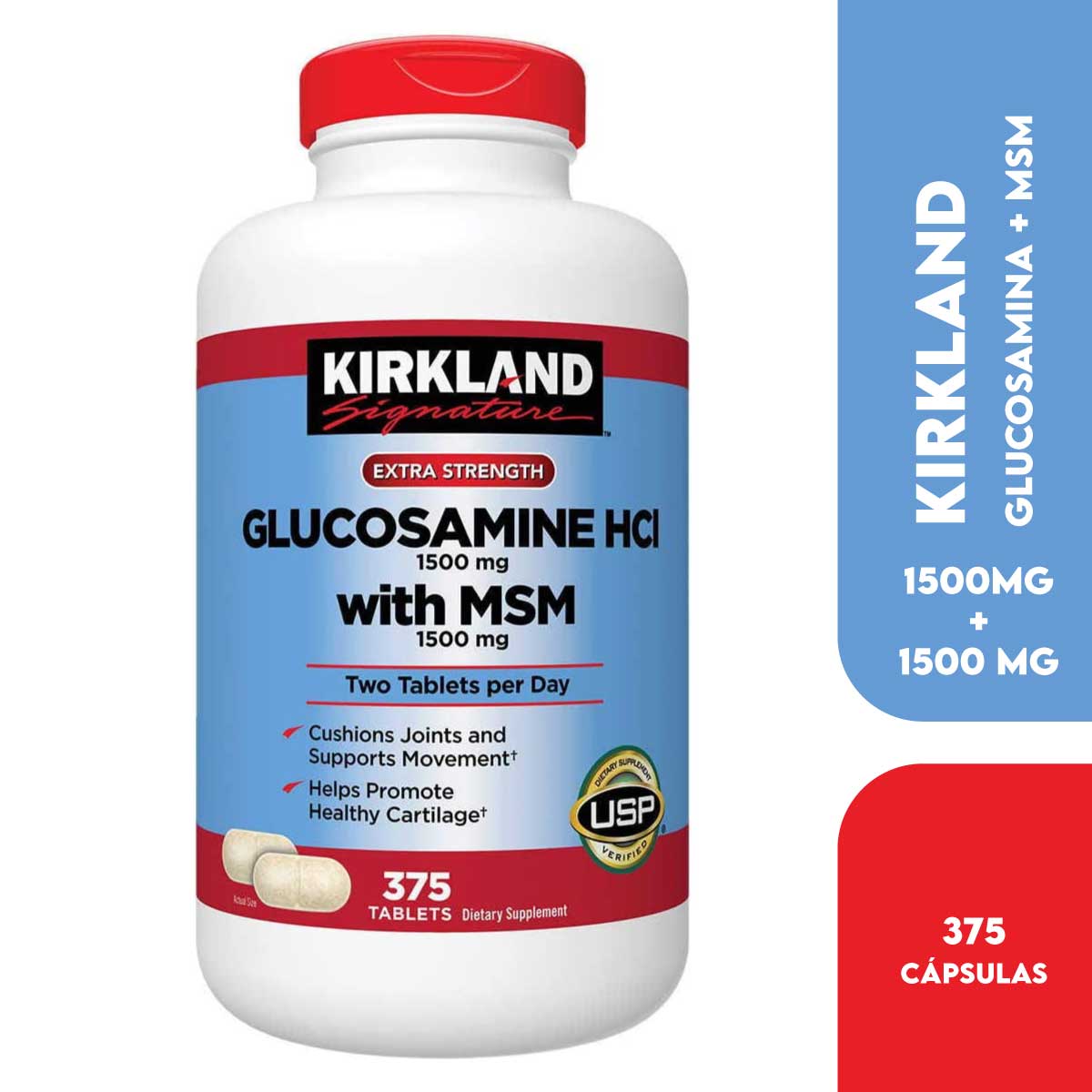 Kirkland Glucosamina HCI 1500 Mg con MSM 1500 Mg Apoya Articulaciones Flexibles 375 Tabletas