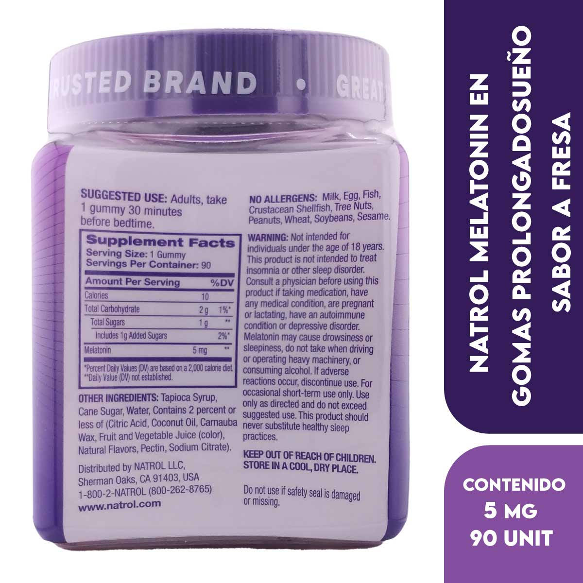 Natrol Melatonin en Gomas Sueño Prolongado Sabor a Fresa 5 mg 90 unidades - Imagen 3