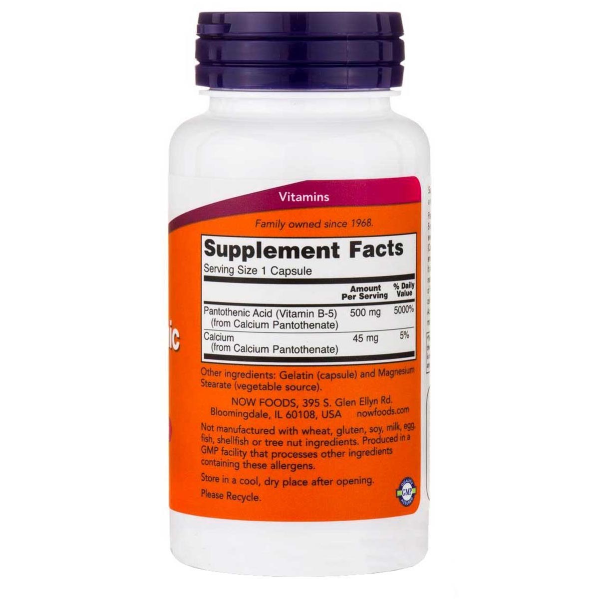 Now Acido Pantotenico / Pantothenic Acid Vitamina B-5 500 mg 100 Cápsulas - Imagen 3